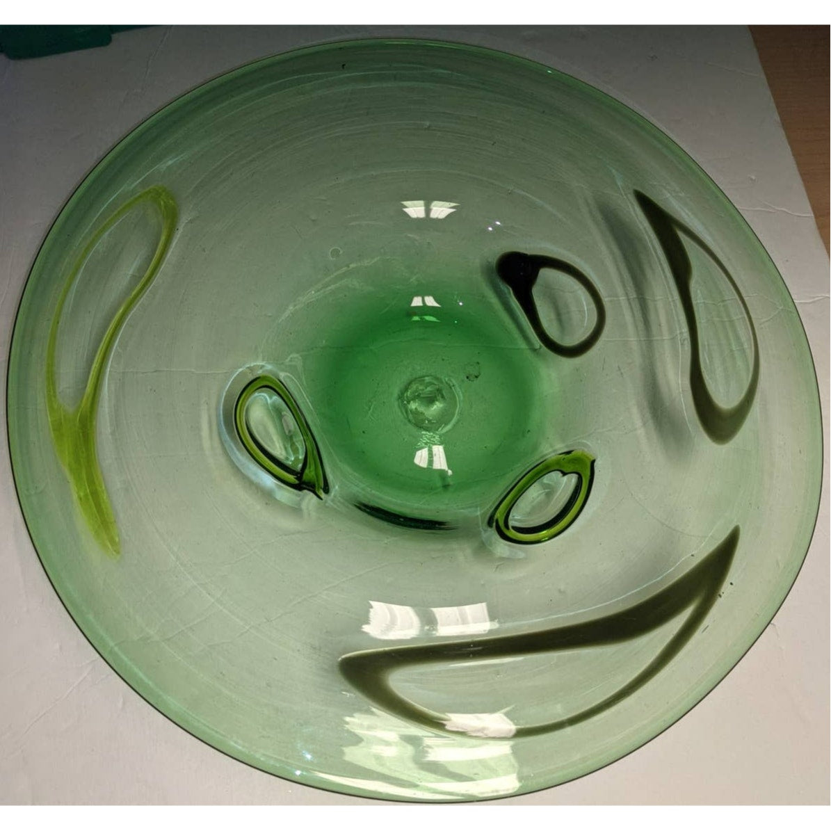 Vintage Murano Latticino Gold Aventurine Art Glass Conch Swirl Bowl 15" Green