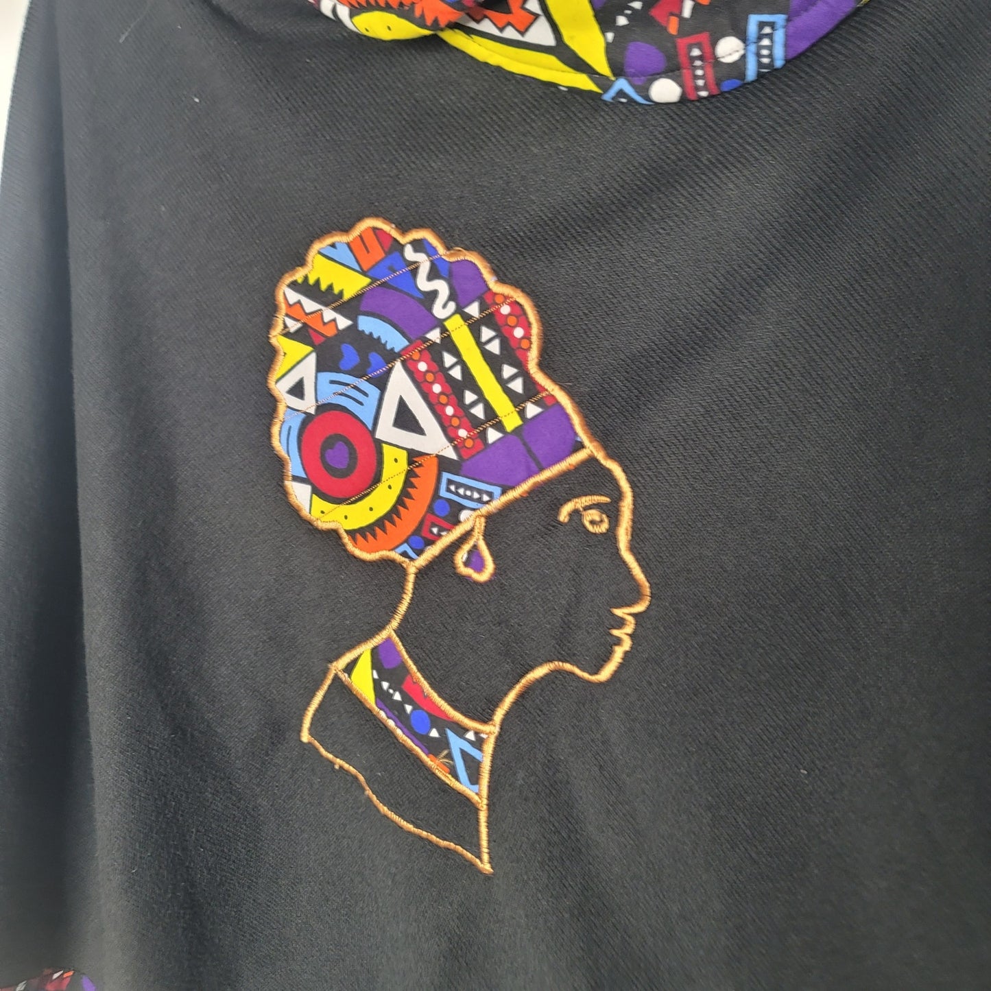 Afrocentric Cowl Neck Poncho Graphic Cape Ankara Trim Black Boho Cozy DrapeCore