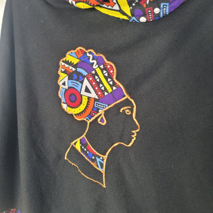 Afrocentric Cowl Neck Poncho Graphic Cape Ankara Trim Black Boho Cozy DrapeCore