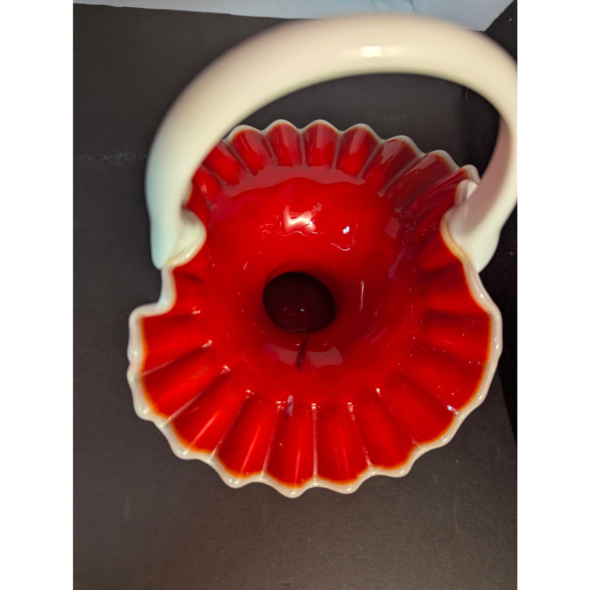 Vintage Fenton Ruby Overlay Diamond Optic Ruffled Glass Basket Centerpiece