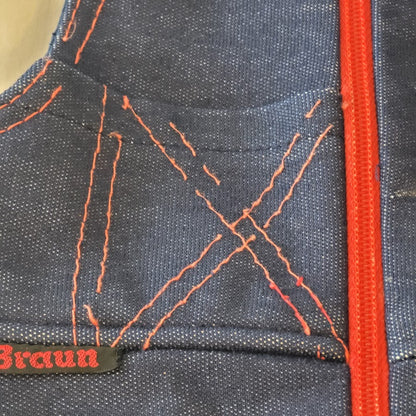 Braun VINTAGE childs faux denim overalls one piece blue red full zip Size 3T/4T
