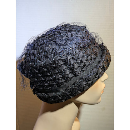 Vintage 50s Black Cellulose Woven Cloche Hat Veiled Mid-Century Mod MCM Bucket
