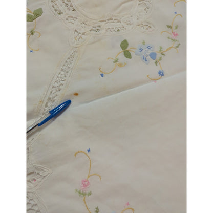 Vintage Hand-Embroidered & Cutwork Lace White Oval Tablecloth Pastel Florals