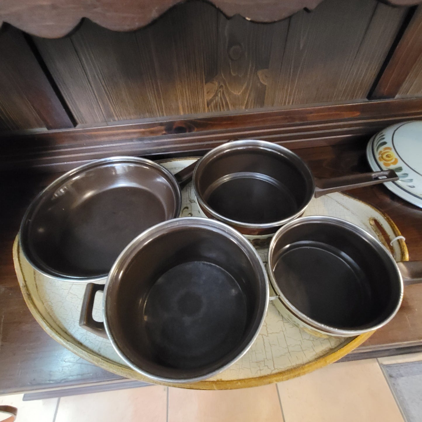 Vintage Asta Enamelware Cookware Set Brown Green Floral West Germany 8pc