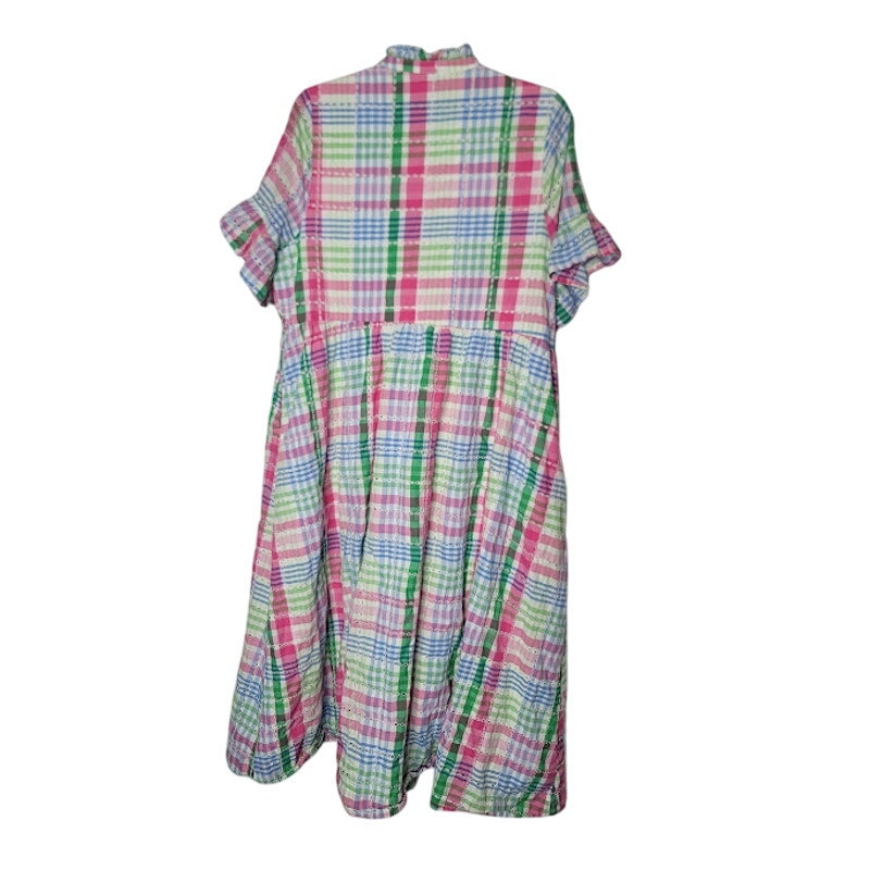 Crown & Ivy Plaid eyelet button up Dress Midi Size XL Pockets flutter sleeve