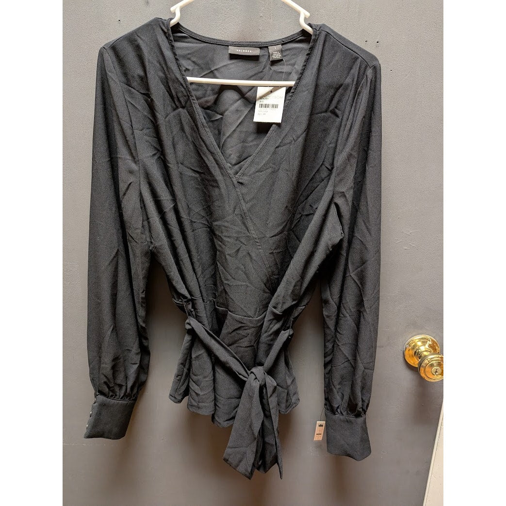 halogen  NWT Blouse VNeck Long Sleeve Black faux wrap Shirt belted Large top