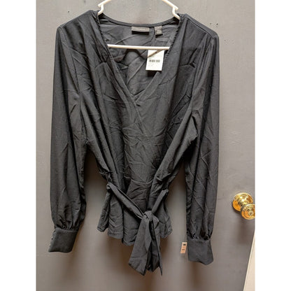 halogen  NWT Blouse VNeck Long Sleeve Black faux wrap Shirt belted Large top
