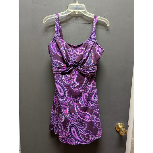 Lands' End purple paisley 10 D Bathing Suit 1 Pc. Dress Style Adjustable Straps