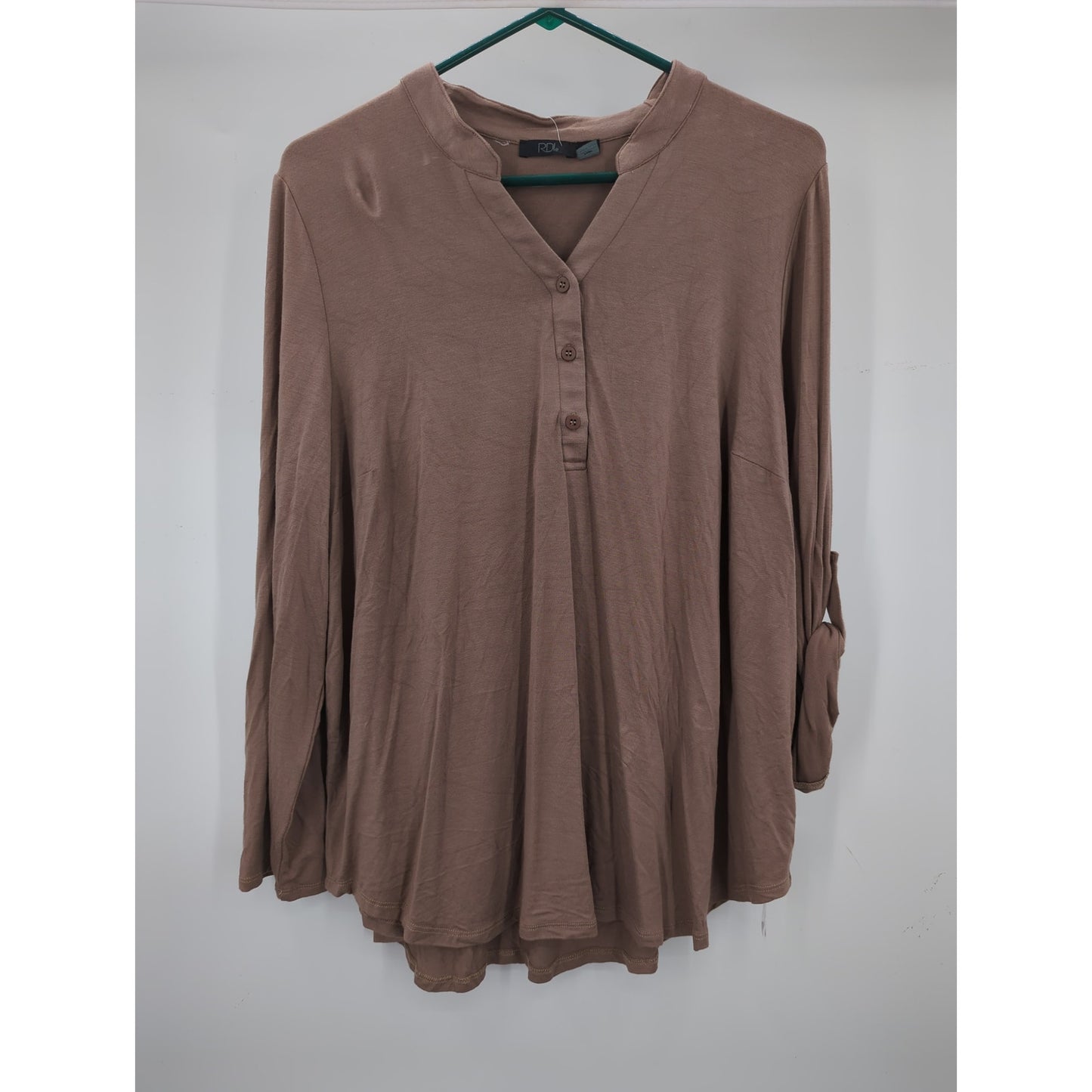 RDI Women's NWT Size 1X Mocha Brown Henley Long Sleeve Tunic Blouse