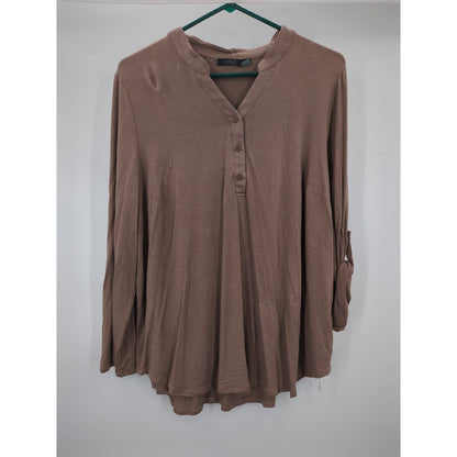 RDI Women's NWT Size 1X Mocha Brown Henley Long Sleeve Tunic Blouse