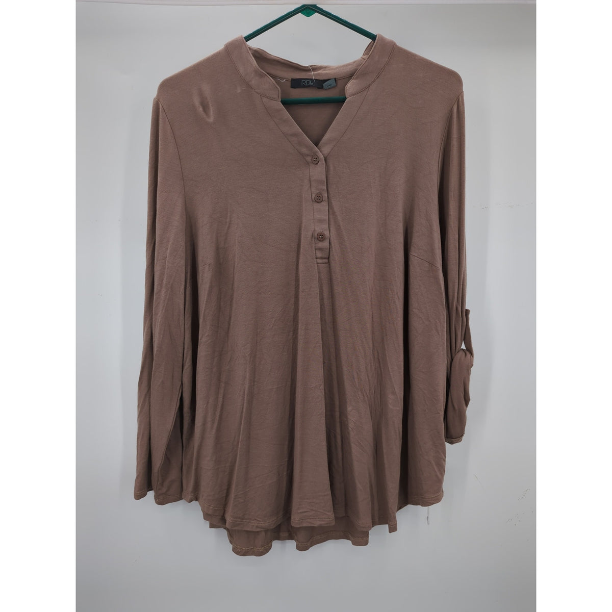 RDI Women's NWT Size 1X Mocha Brown Henley Long Sleeve Tunic Blouse