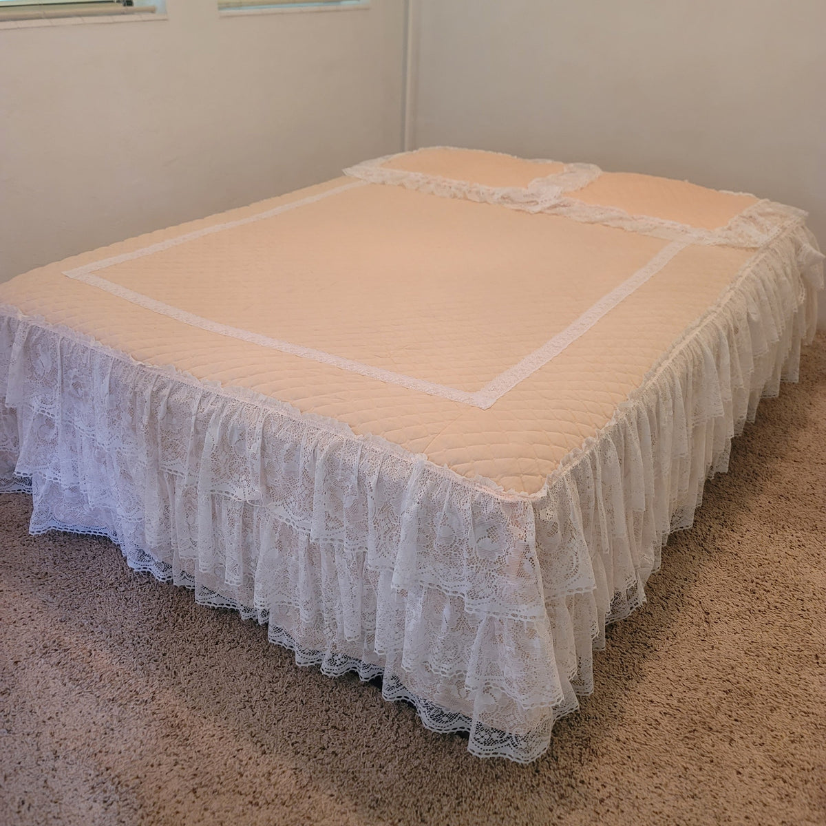 Vintage Peach double lace bottom skirt Coverlet & 2 matching Pillow shams queen
