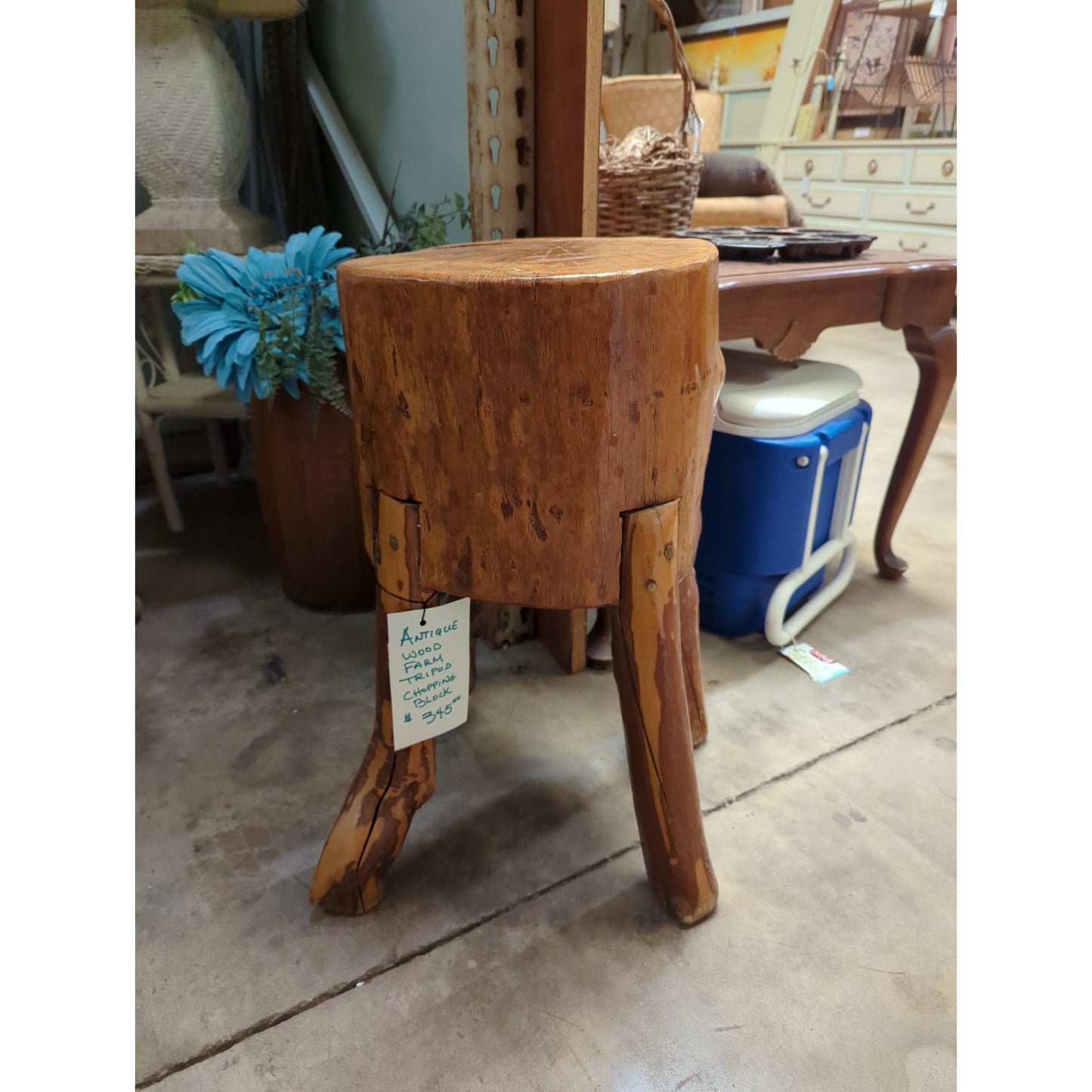 Secondhand Sandies: 25.6" tall Rustic Farmhouse Chopping block TRIPOD 3 leg butcher blacksmith