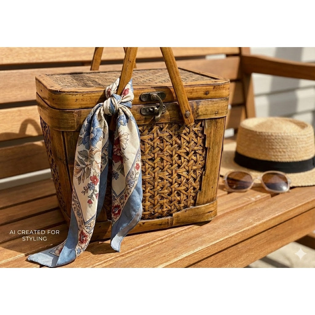 Vintage Bamboo Rattan Box Purse Top Handle Woven Sewing Basket Lunch Pail 70's