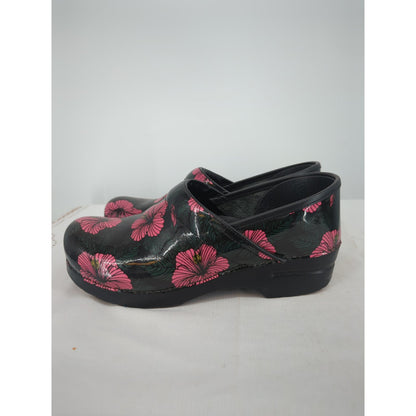 Dansko Patent Leather Clogs Black Pink Floral Professional Nursing Shoes Sz 41