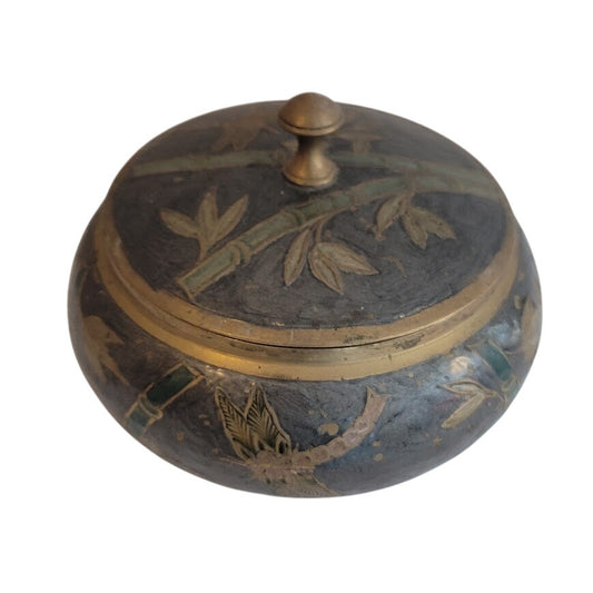 Vintage Jewelry Asian Bamboo Cloisonné Round Brass Trinket Lidded Powder Box