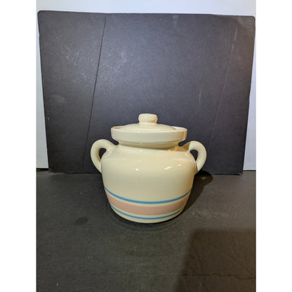 5 1/2" tall  vintage McCoy Pottery bean pot Stonecraft pink blue dinnerware
