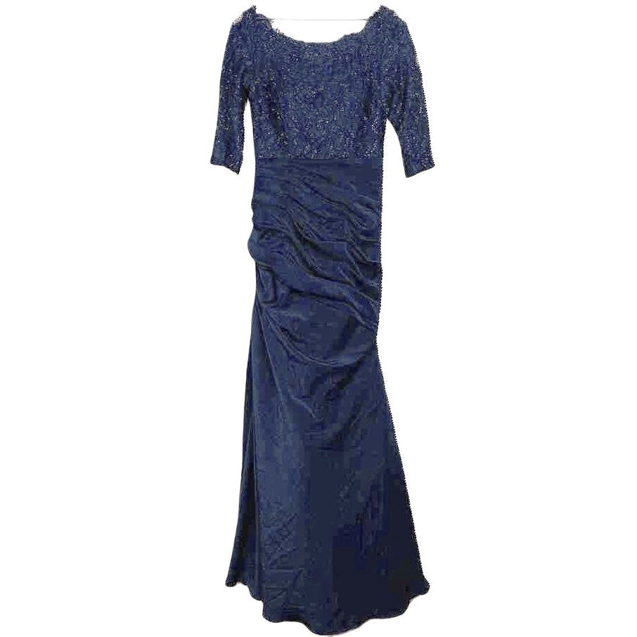 La Femme Sparkle Lace Ruched Wedding Formal Trumpet Gown Size 14 Navy Blue NWT