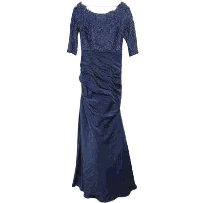 La Femme Sparkle Lace Ruched Wedding Formal Trumpet Gown Size 14 Navy Blue NWT