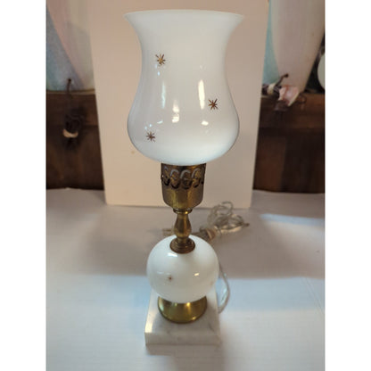 Vintage Mid-Century Milk Glass Hurricane Table Lamp Gold Starburst Marble Base