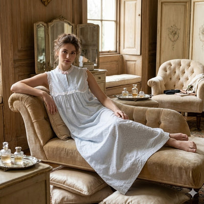 Vintage Christian Dior Blue Cotton Blend Eyelet Nightgown Small Luxury Boudoir