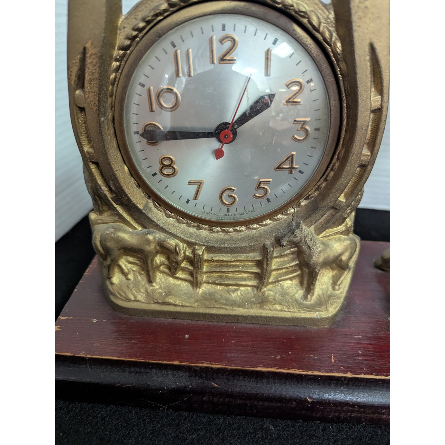 Vintage Kitschy Western Gold Horse Clock Retro Horseshoe Mantel Clock Equestrian