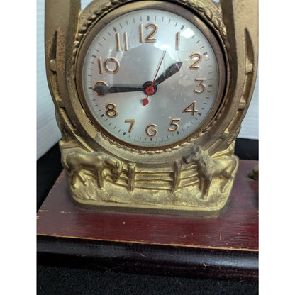 Vintage Kitschy Western Gold Horse Clock Retro Horseshoe Mantel Clock Equestrian