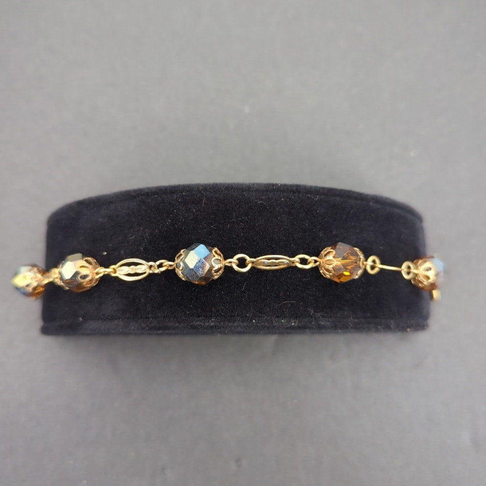 Vintage Fashion BRACELET 8" beaded opalescent amber faceted filigree caps
