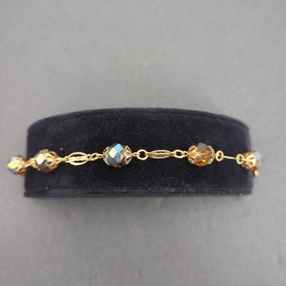 Vintage Fashion BRACELET 8" beaded opalescent amber faceted filigree caps