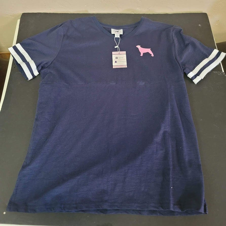 Southern Girl Prep MEDIUM NEW SHORT  Sleeve Shirt Cotton DARK BLUE WHITE STRIPE