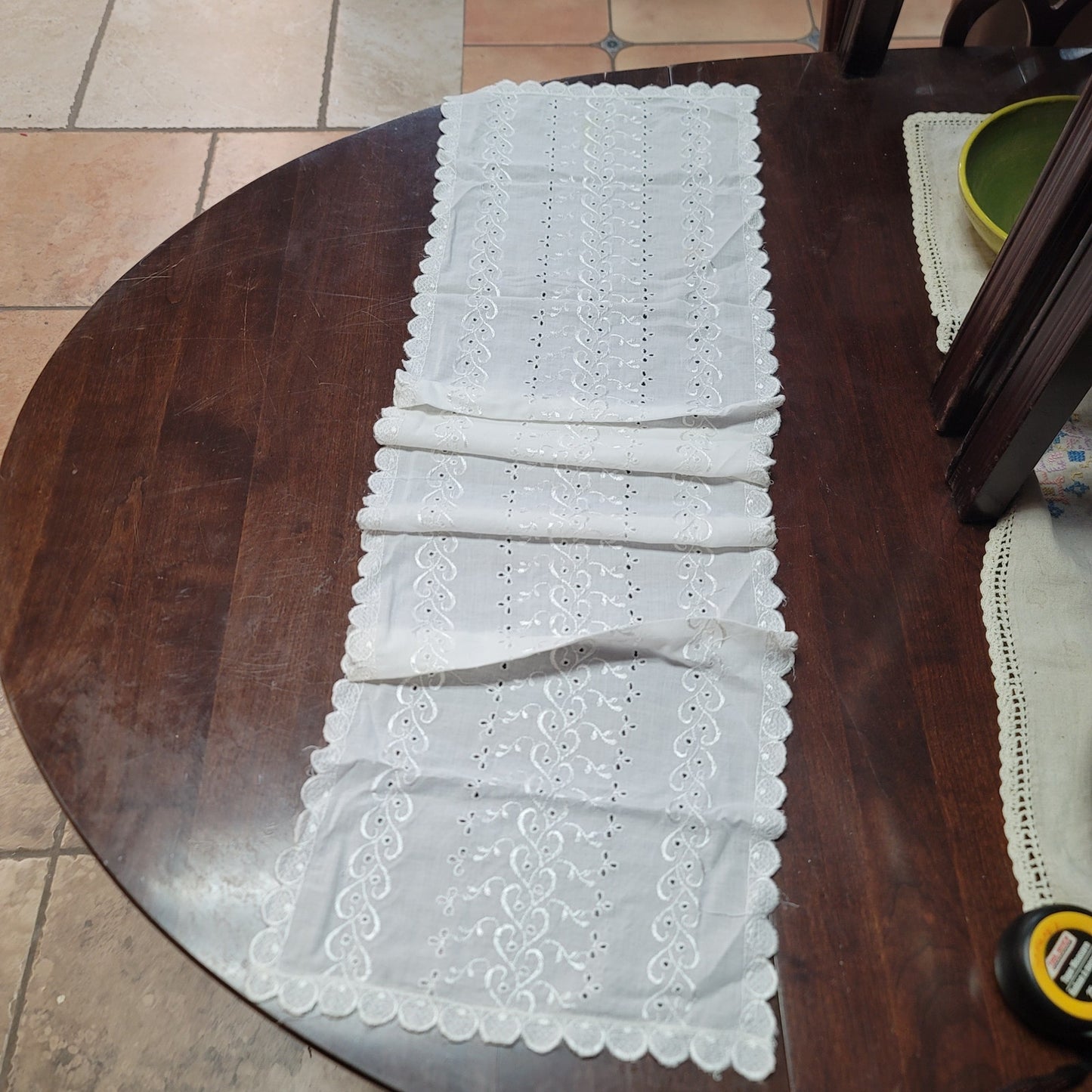 Vintage eyelet white table runner 44" x 13" lace cotton scallop edge