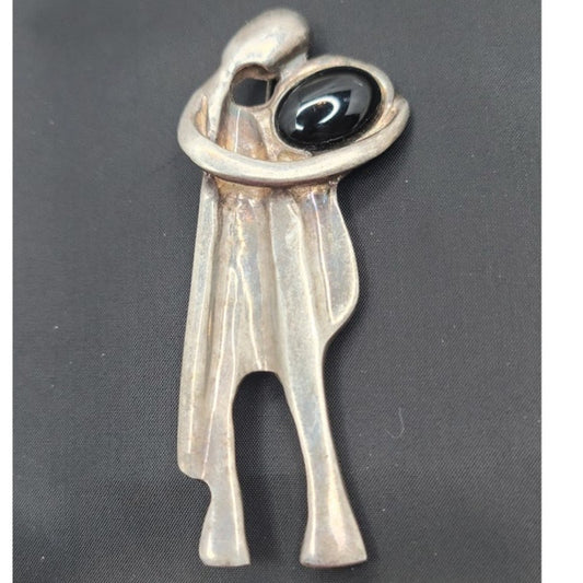Vintage Modernist Embracing Couple Brooch with Black Onyx  Mid-Century Style
