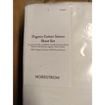 400 Thread Count Organic Cotton Sateen Sheet Set Nordstrom NEW White Queen