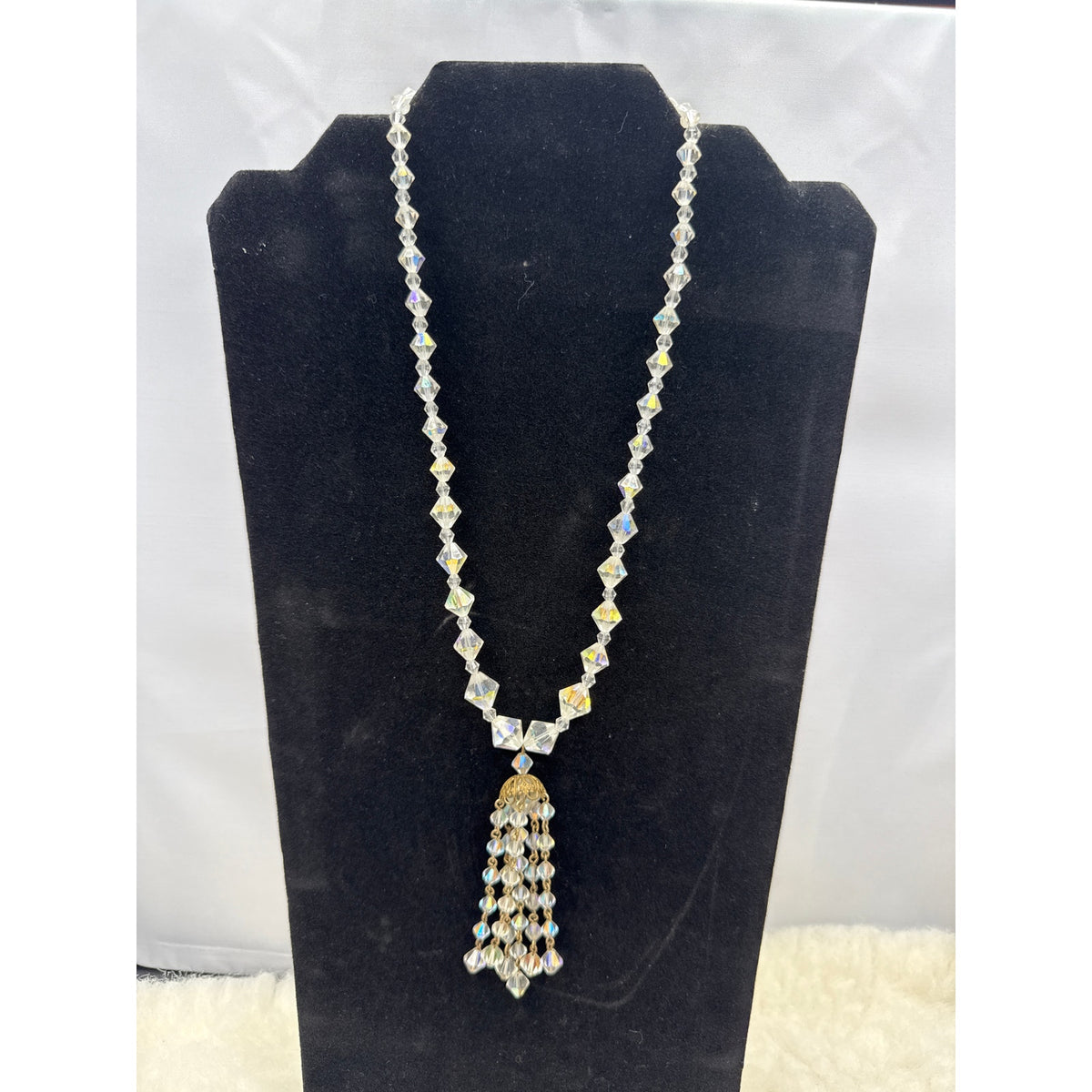 Vintage AB Aurora Borealis Crystal Tassel Pendant Necklace Statement 18"