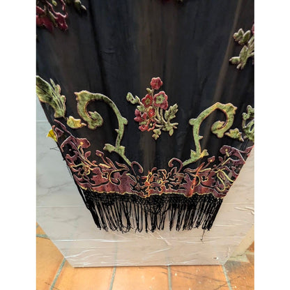 Worthington Scarf Sheer Flocked Floral Applique Tassel Fringe