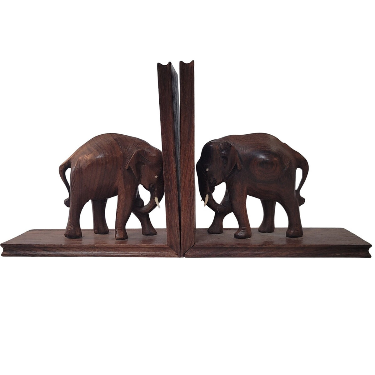 Vintage Wood elephant with tusk bookends wood pair