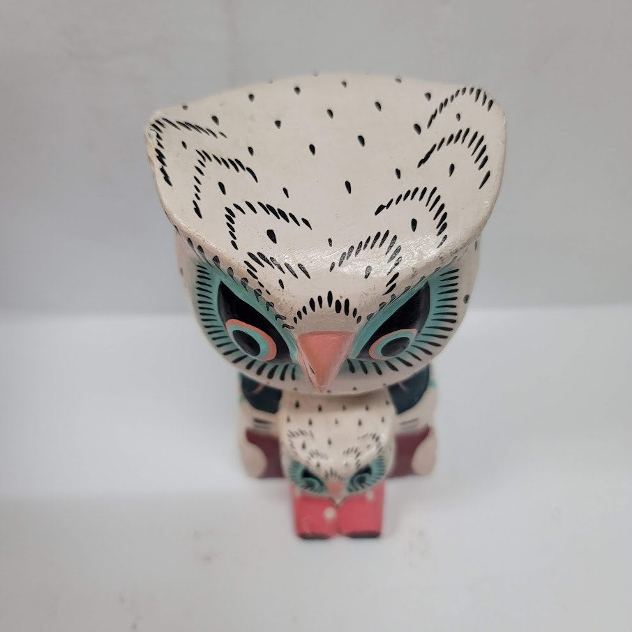 folk art owl statue lightweight two in One fledgling Parent wood painted UNIQUE