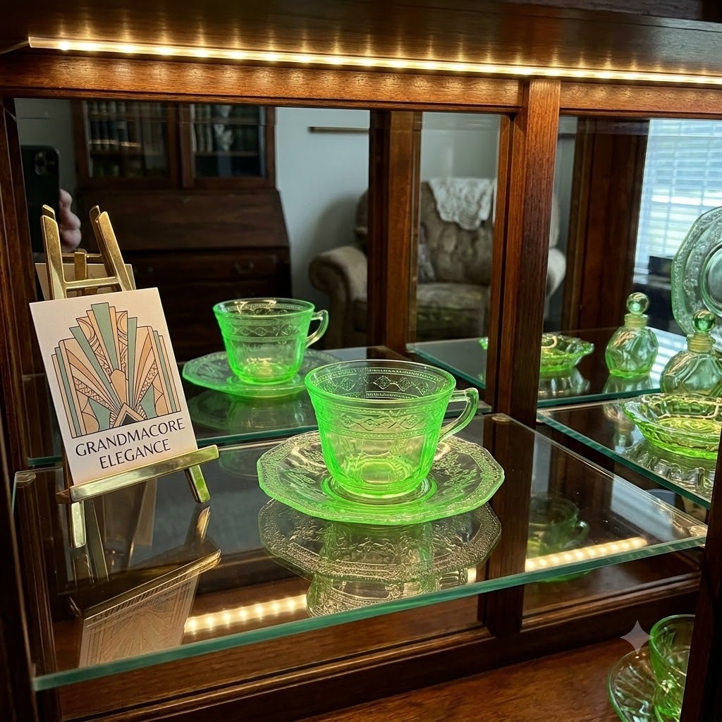 Green Depression Glass Tea Cup and Saucer Set Vintage Federal Princess Pattern