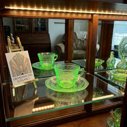 Green Depression Glass Tea Cup and Saucer Set Vintage Federal Princess Pattern