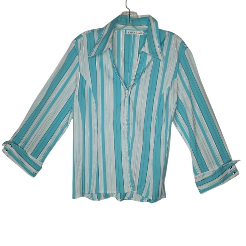 Cato Turquoise Teal & White Striped V-Neck Blouse Large Button Up Silver Thread