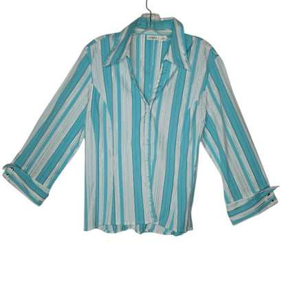 Cato Turquoise Teal & White Striped V-Neck Blouse Large Button Up Silver Thread