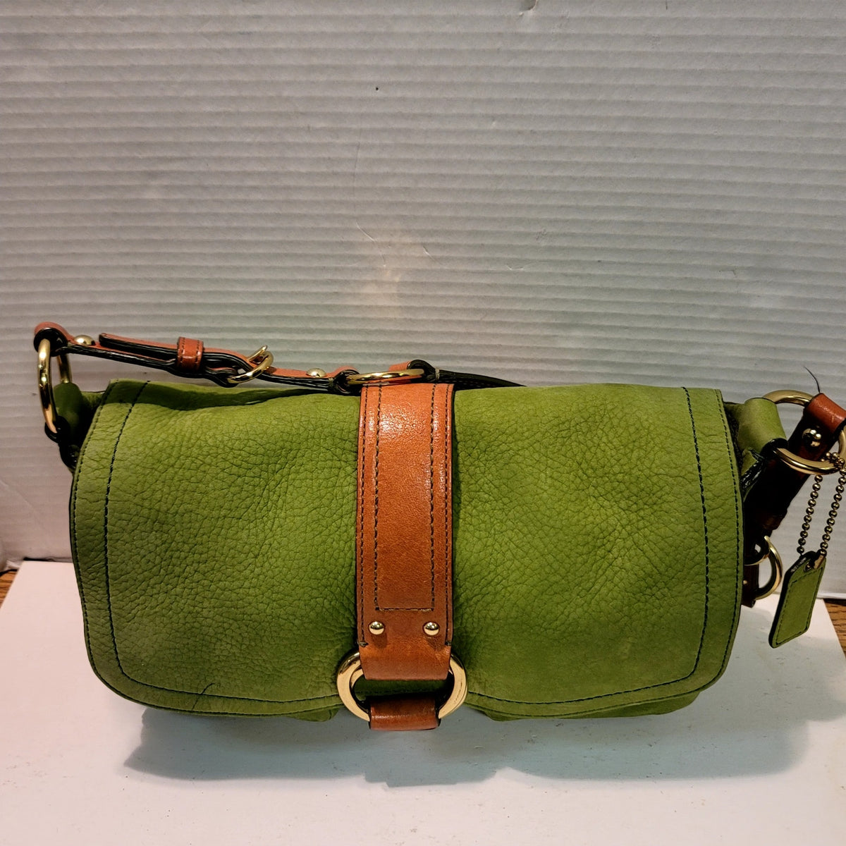 COACH Chelsea Y2K W Green Shoulder Bag Suede Carmel Leather Vintage Flap Front