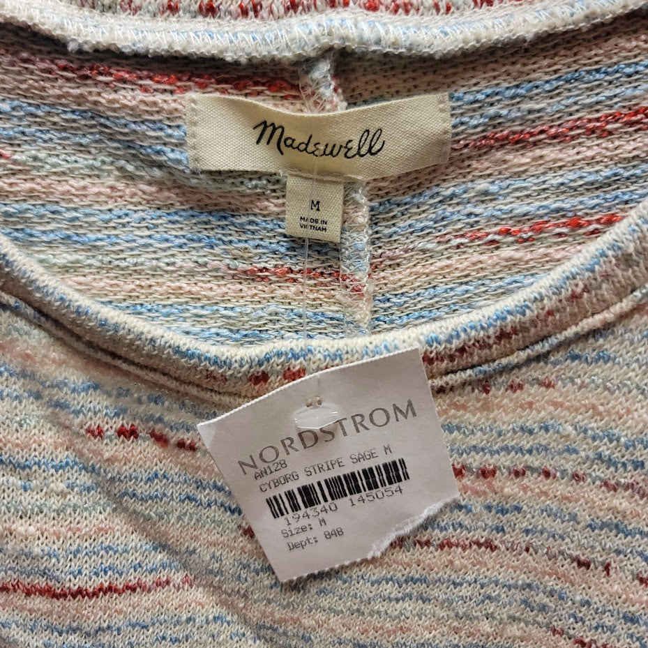 Madewell Size Medium Cyborg Stripe Sage Short Sleeve Top Blouse Cotton Summer