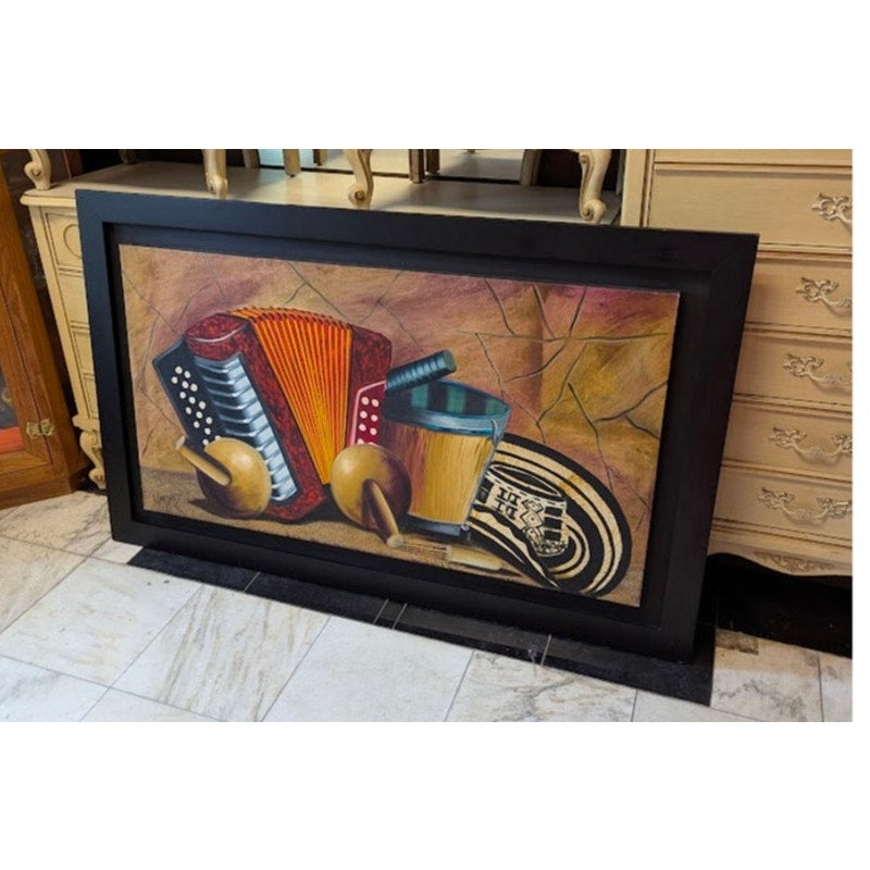 Colombian Vallenato MARTINEZ Artist Framed Original Painting, Accordion Theme