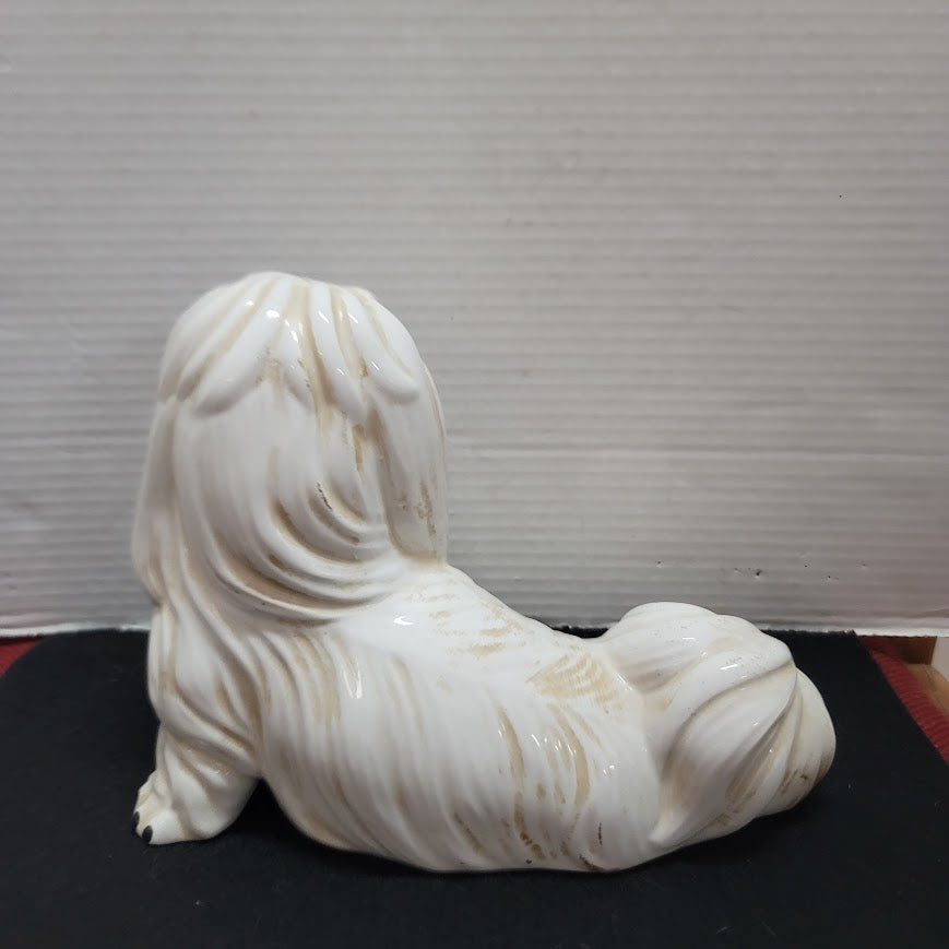 Vintage MCM Dog Italy Italian Lhasa Apso Figure Ceramic 9" x 7.5" Pink Bow CUTIE