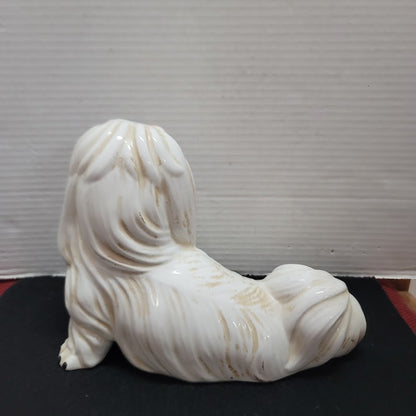 Vintage MCM Dog Italy Italian Lhasa Apso Figure Ceramic 9" x 7.5" Pink Bow CUTIE