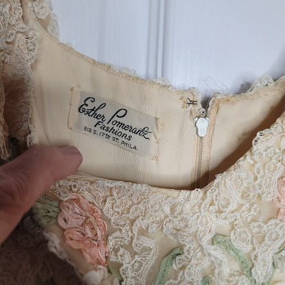 Vintage Esther Pomerantz 50s Sleeveless Dress Crinoline Cream Pink Green Lace