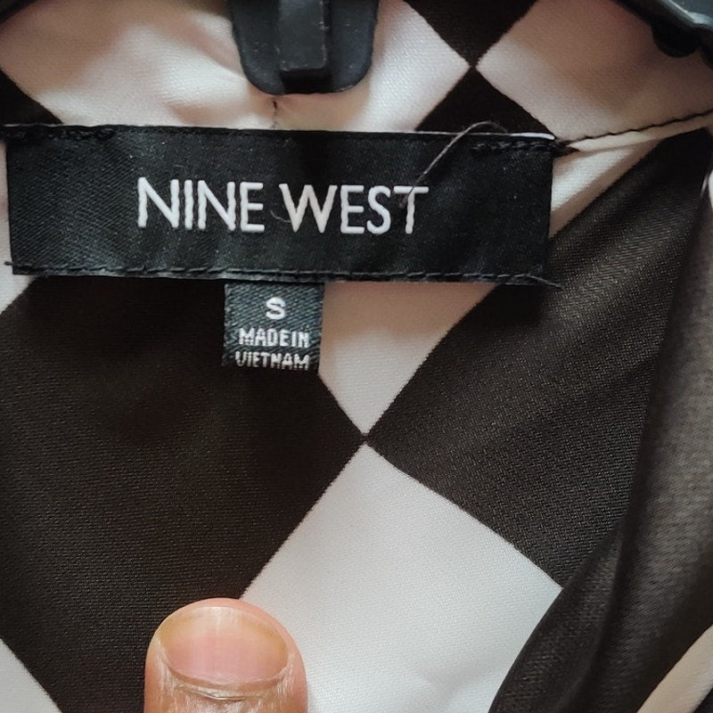 Nine West Black White Argyle Diamond Tie Neck Tank Top Small Sleeveless Blouse