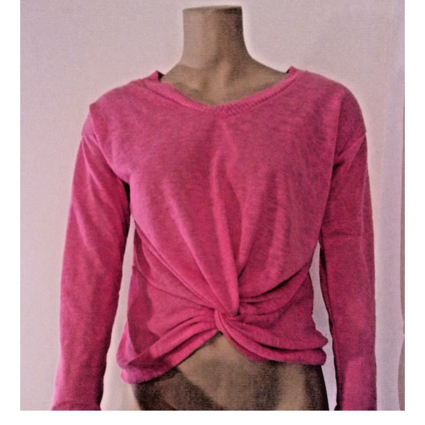 Poof Marled Pastel Pink Twist Front V Neck Long Sleeve Sweater LARGE soft cozy