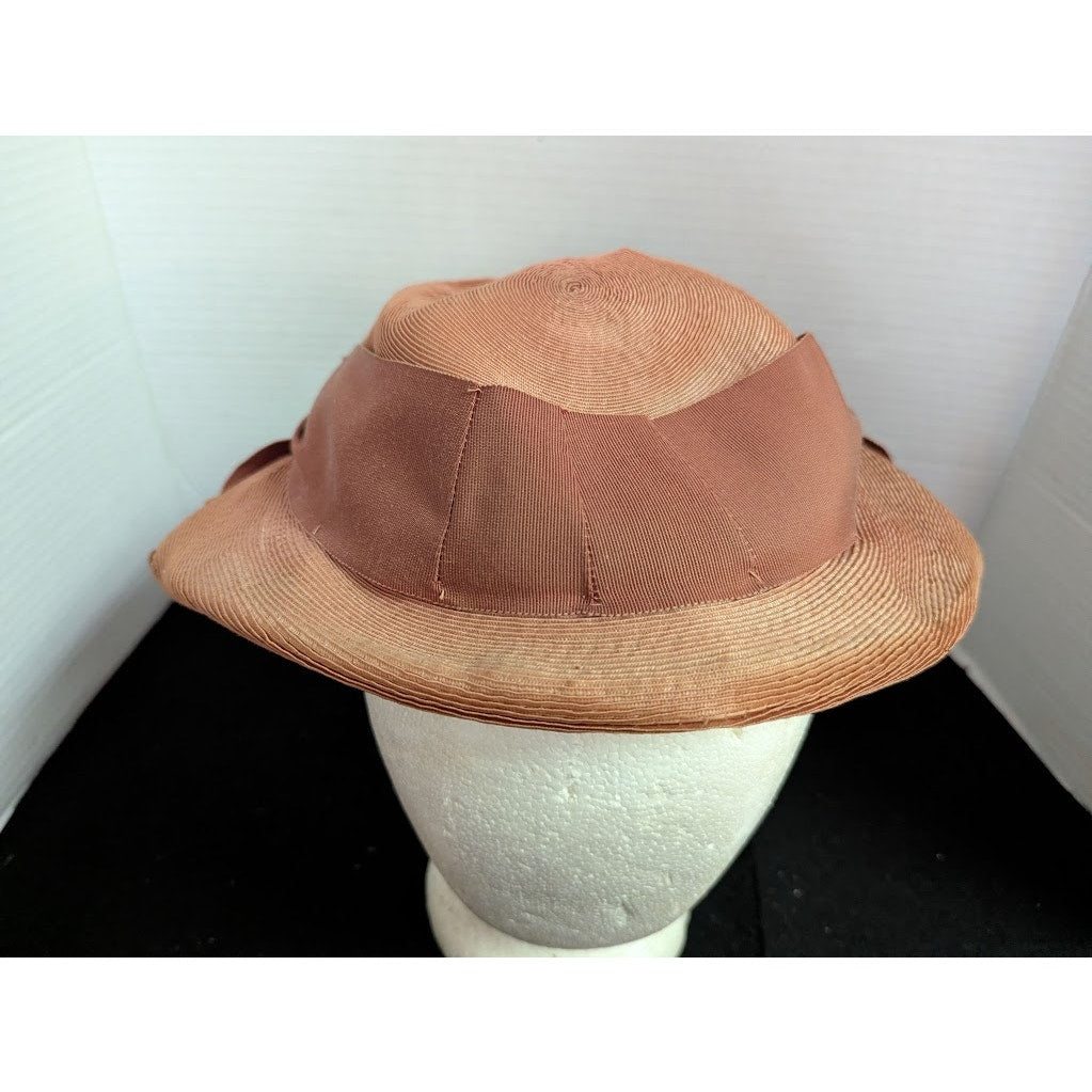 Vintage ladies HAT 40's 50's The Rhodes Hat Peach Woven Straw Cloche Bucket Bow